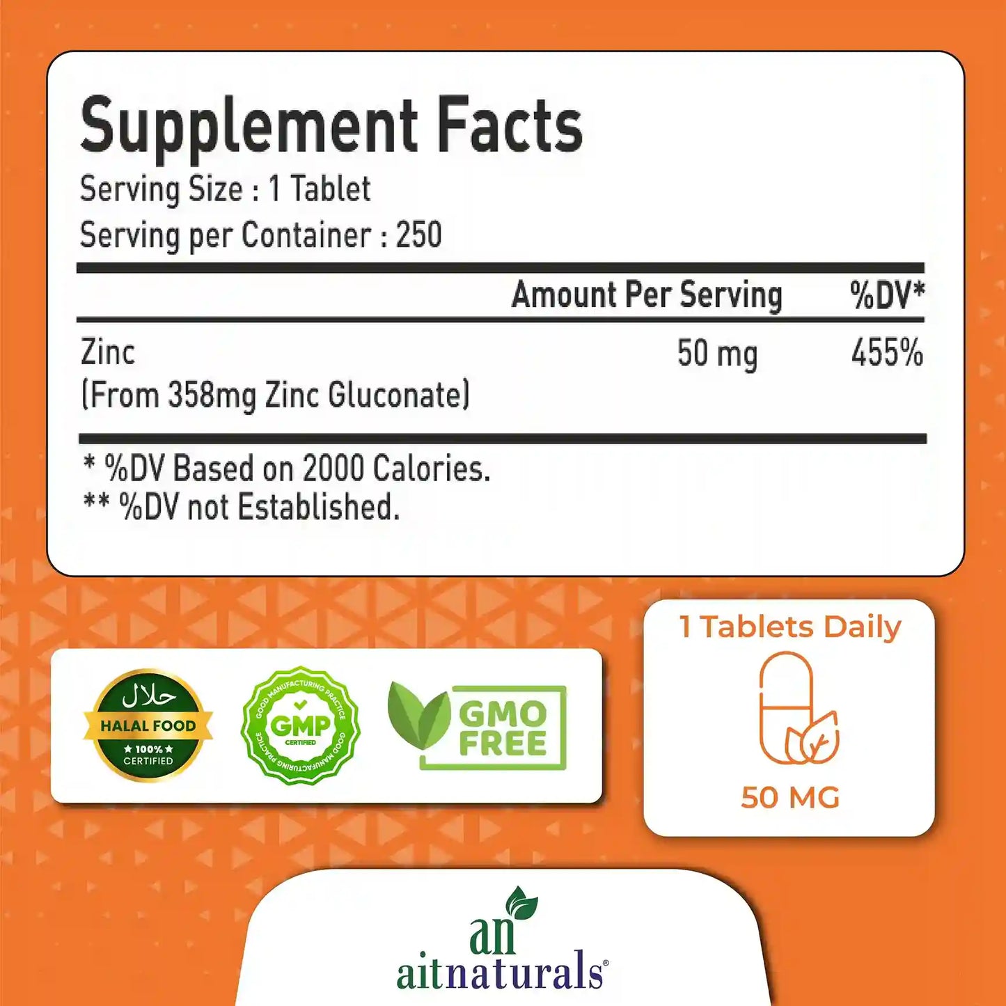 Aitnaturals Zinc Gluconate 50mg, Supports Wellness & Immune
