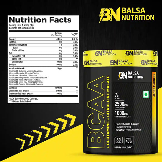 Balsa Nutrition BCAA With Glutamine + Citrulline Malate Powder- 405g