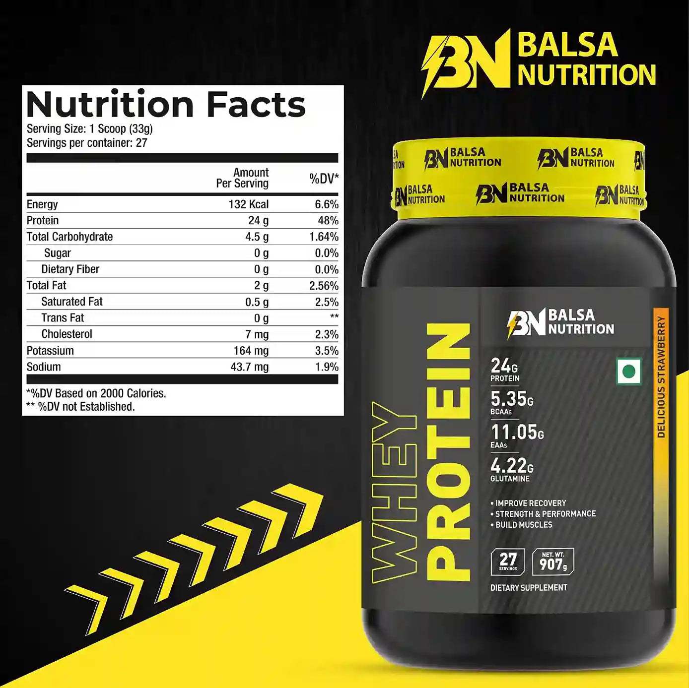 Balsa Nutrition Whey Protein Powder 907g Delicious Strawberry
