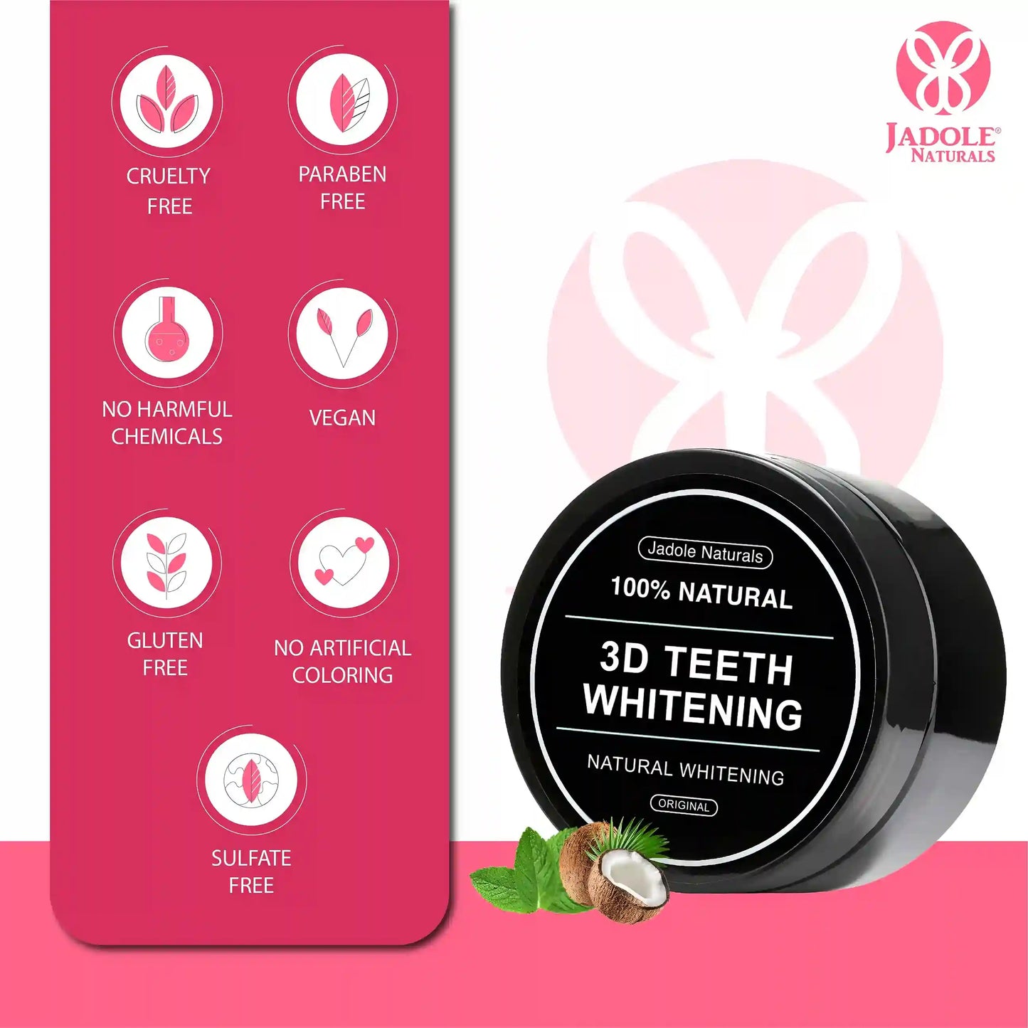Jadole Naturals Organic Charcoal Teeth Whitening Coco Nut Powder 30g