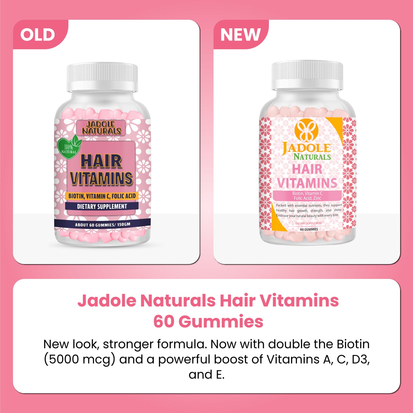 Jadole Naturals Hair Vitamins 60 Gummies with Vitamin C, Biotin & Folic Acid