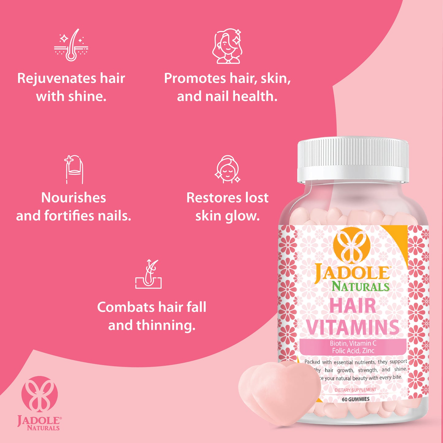Jadole Naturals Hair Vitamins 60 Gummies with Vitamin C, Biotin & Folic Acid