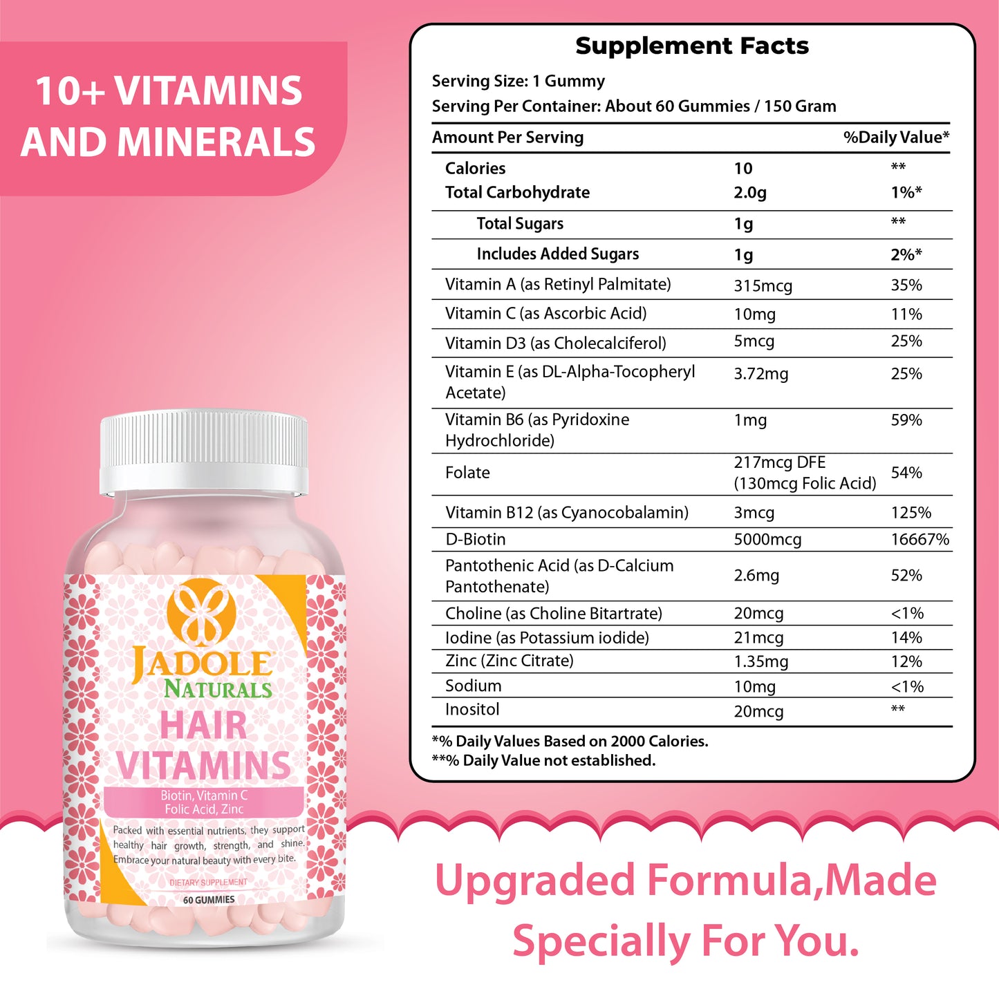 Jadole Naturals Hair Vitamins 60 Gummies with Vitamin C, Biotin & Folic Acid