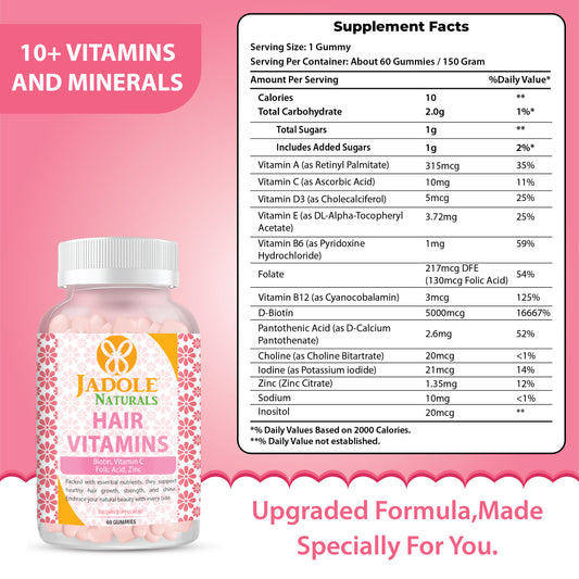 Jadole Naturals Hair Vitamins 60 Gummies with Vitamin C, Biotin & Folic Acid