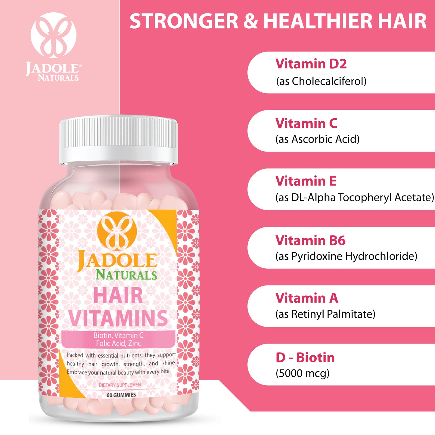 Jadole Naturals Hair Vitamins 60 Gummies with Vitamin C, Biotin & Folic Acid