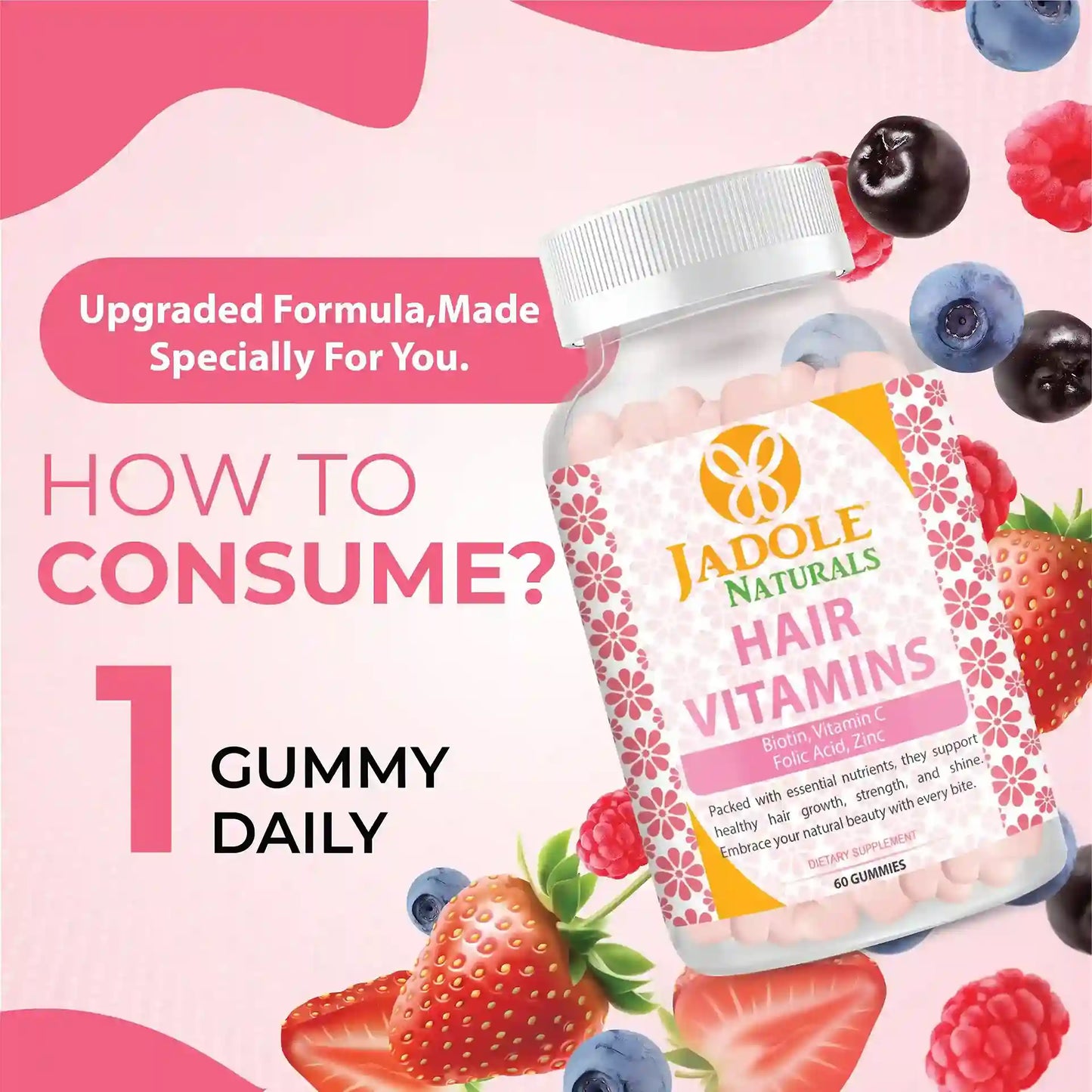 Jadole Naturals Hair Vitamins 60 Gummies with Vitamin C, Biotin & Folic Acid
