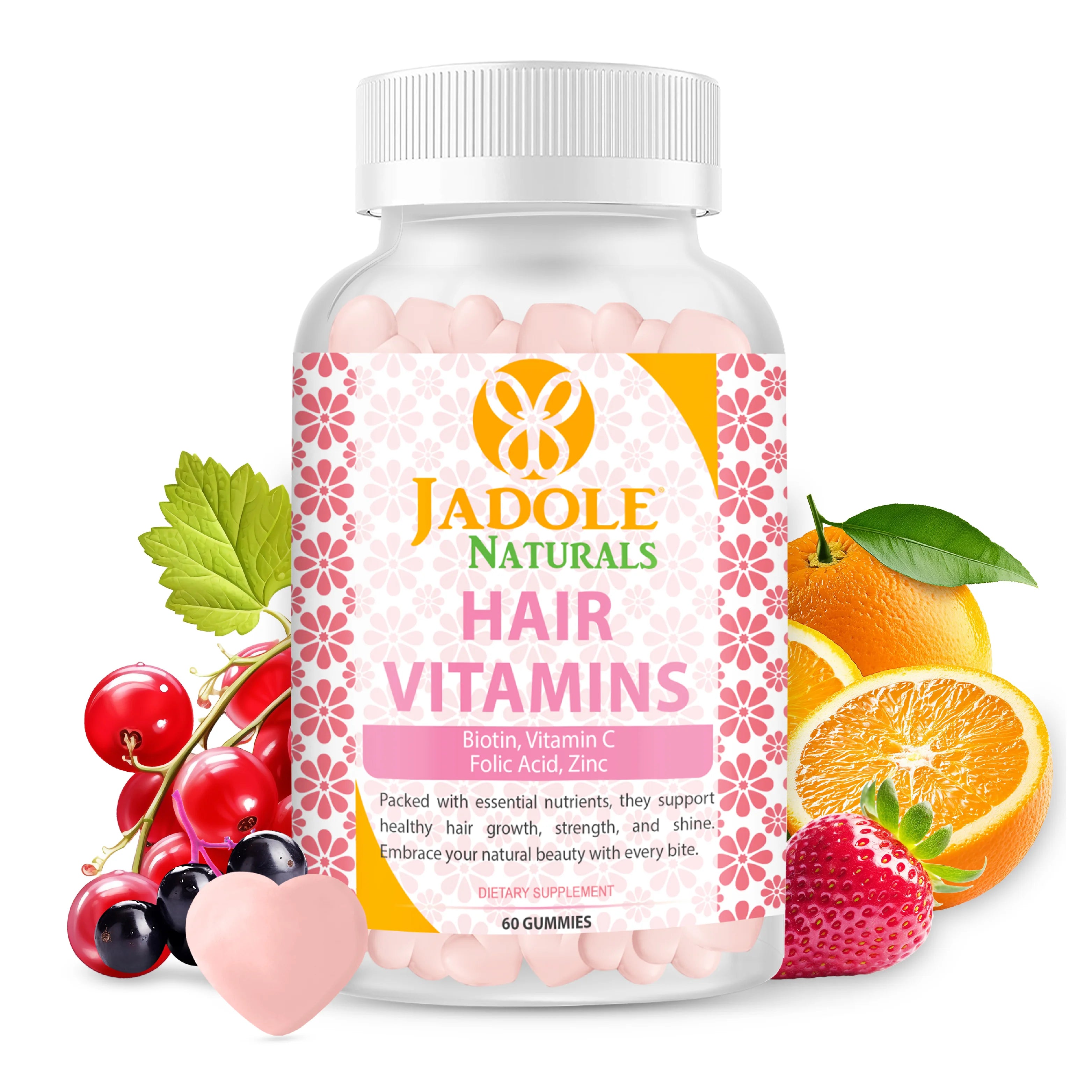 Jadole Naturals Hair Vitamins 60 Gummies with Vitamin C, Biotin & Folic Acid