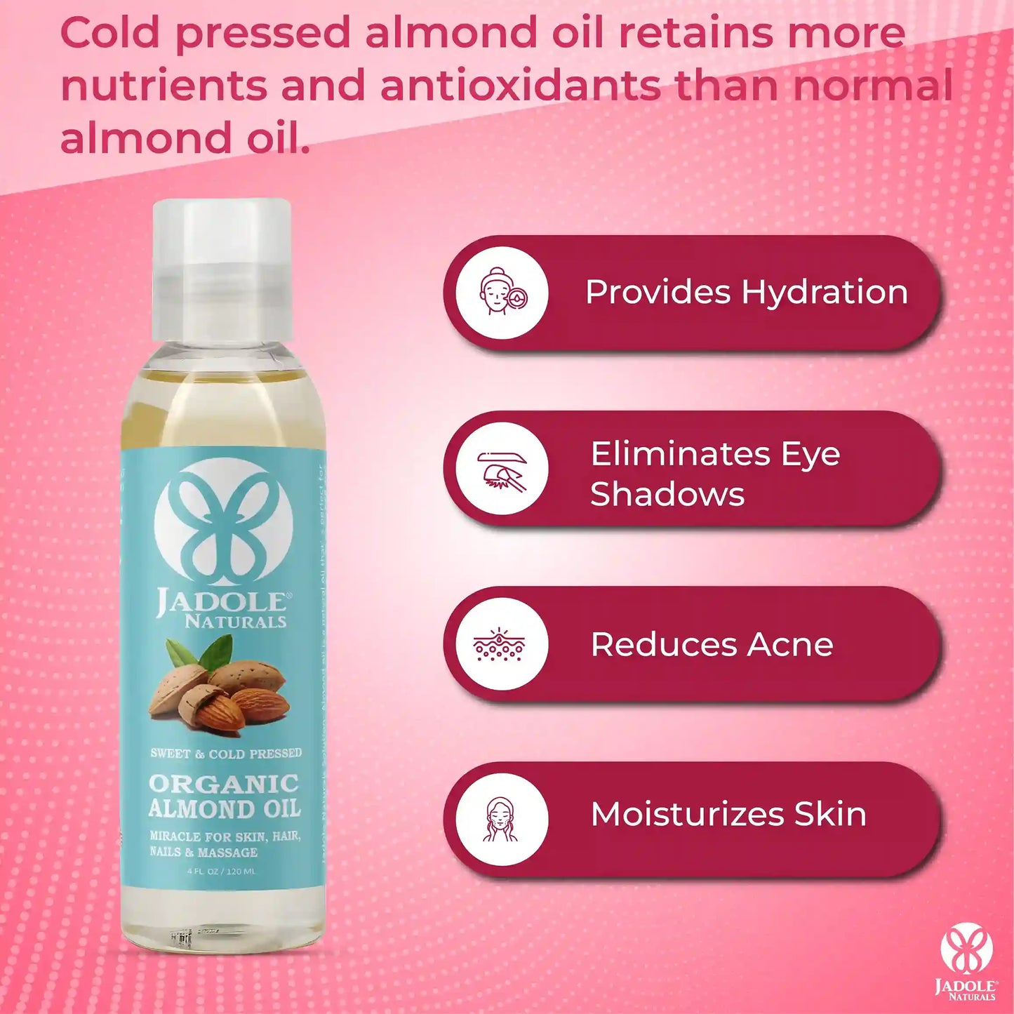 Jadole Naturals Organic Sweet Almond Oil 120ml for Hair, Skin & Eyelash