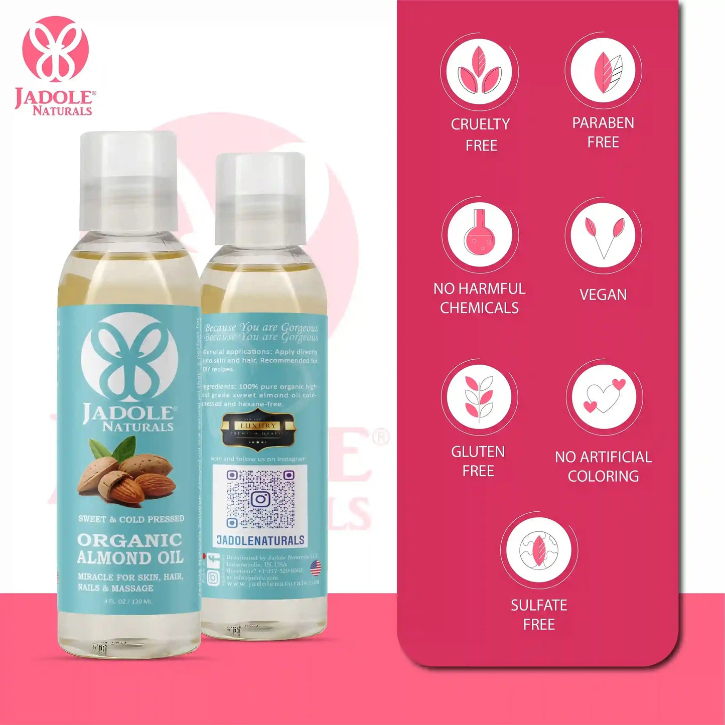 Jadole Naturals Organic Sweet Almond Oil 120ml for Hair, Skin & Eyelash