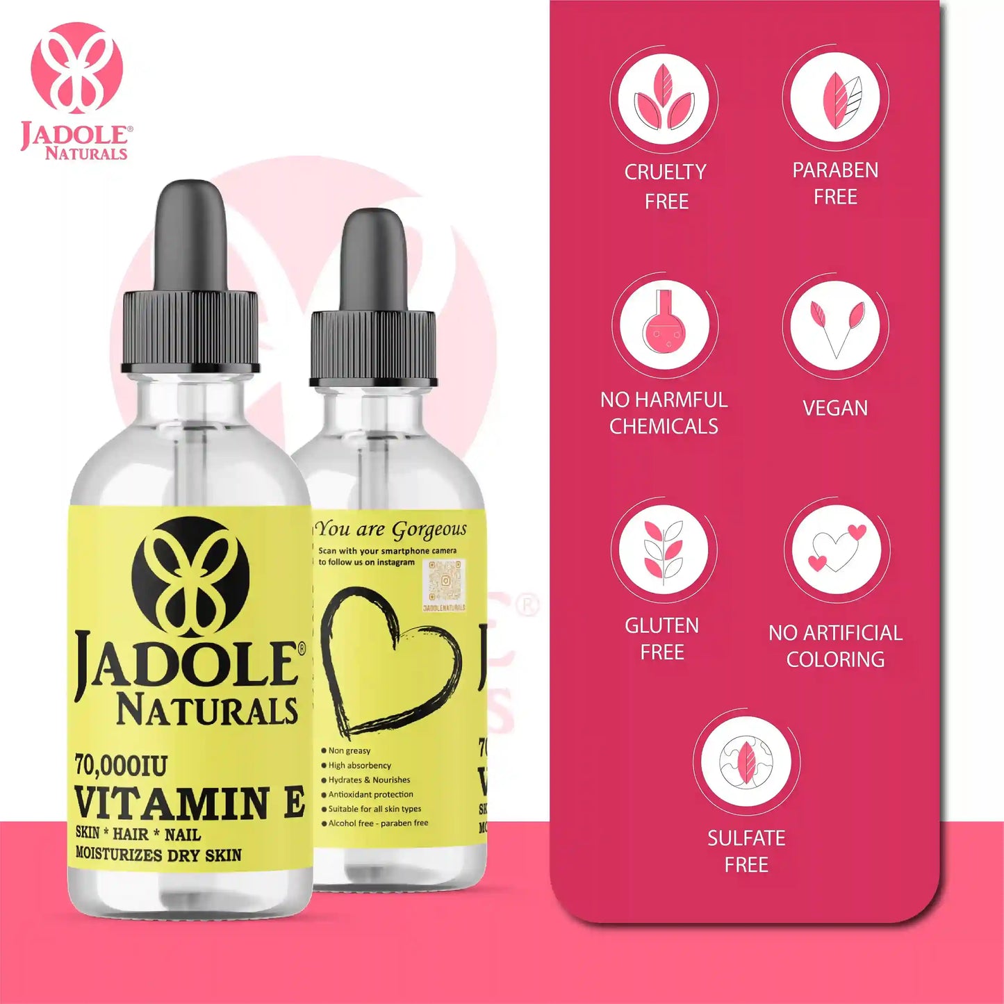 Jadole Naturals Vitamin E Oil 70,000 IU 115ml for Face, Skin, Hair & Nails