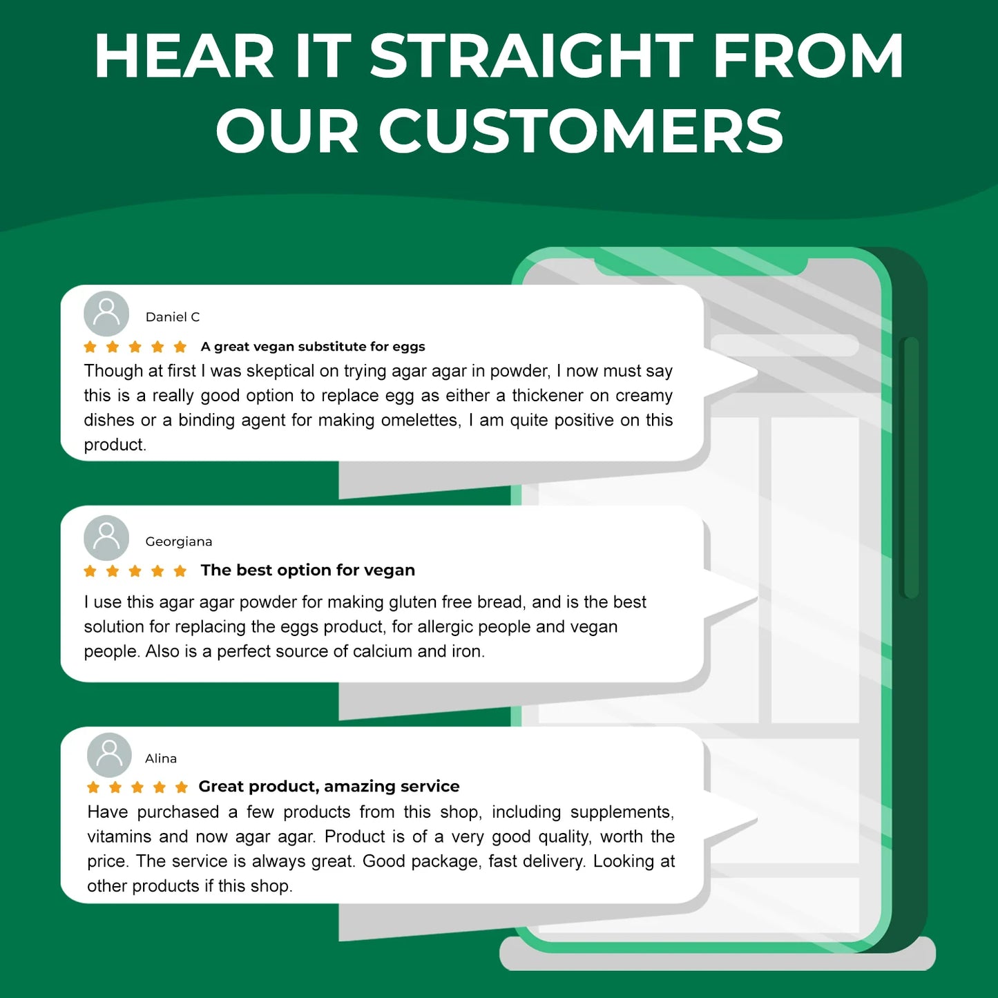 Oladole Natural Agar Agar Powder Customer reviews displayed on a green background with text 'Hear it straight from our customers'.