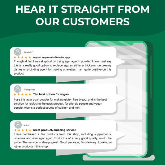 Oladole Natural Agar Agar Powder Customer reviews displayed on a green background with text 'Hear it straight from our customers'.