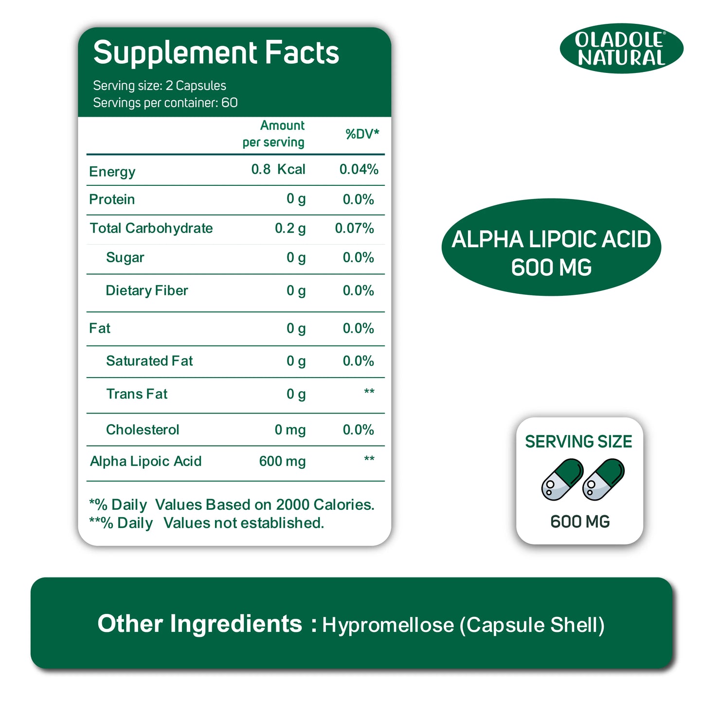 Oladole Natural Alpha Lipoic Acid Supplement facts  