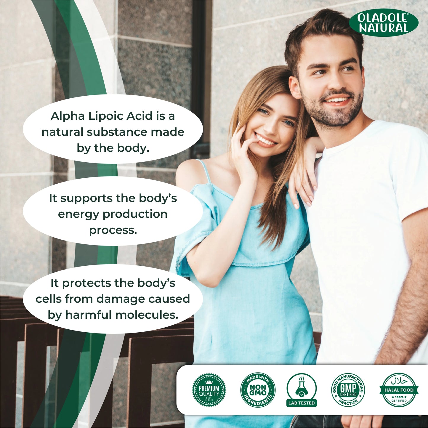 Couple standing together with text about Alpha Lipoic Acid and Oladole Natural branding.