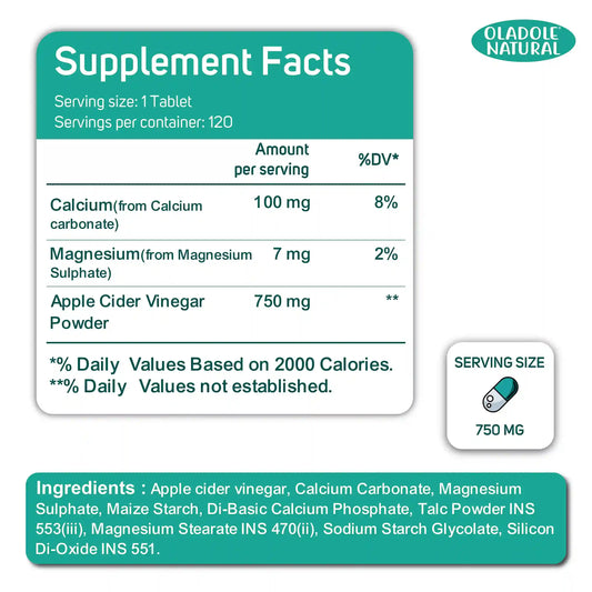 Oladole Natural Apple Cider Vinegar 750 mg 120 Tablets