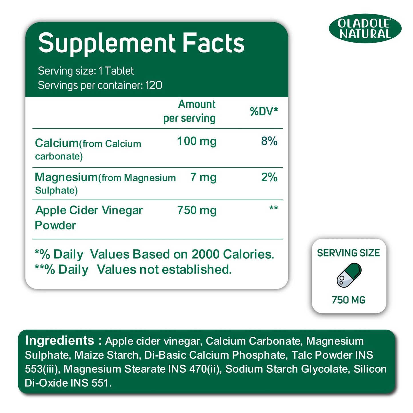 Oladole Natural Apple Cider Vinegar Supplement facts