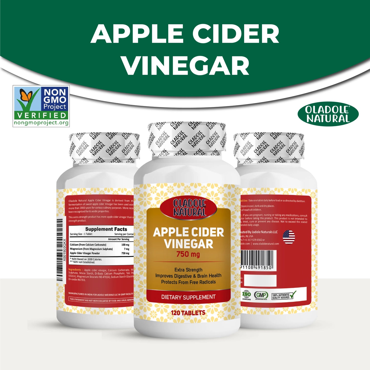 Oladole Natural Apple Cider Vinegar front and back