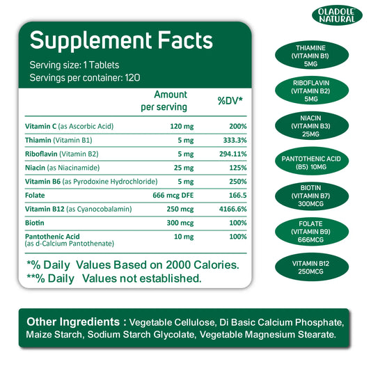 Oladole Natural B-Complex with Folic Acid + Vitamin C, 120 Tablets