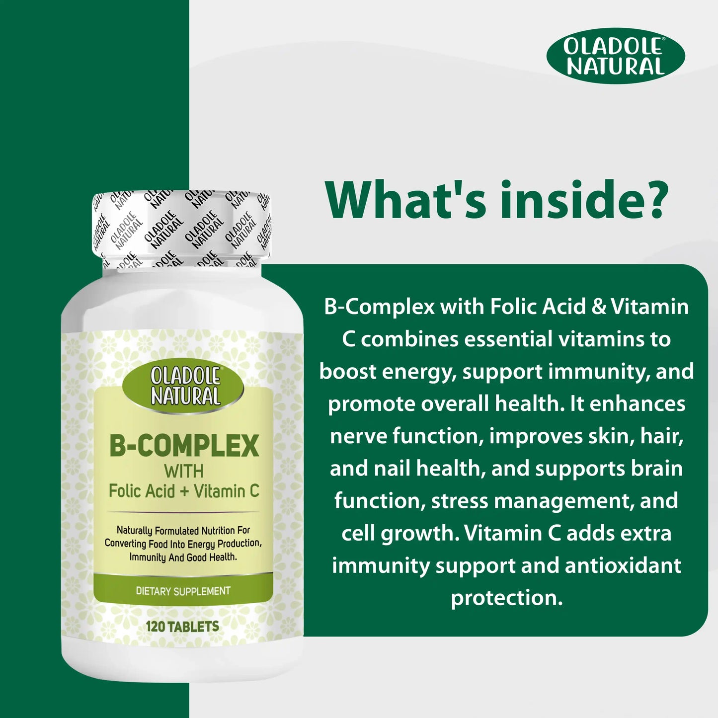Oladole Natural B-Complex with Folic Acid + Vitamin C, 120 Tablets