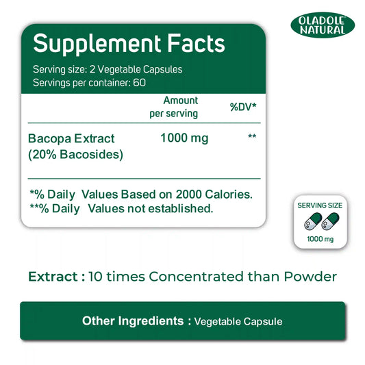 Oladole Natural Bacopa Premium Nootropic Monnieri 1000mg 120 Capsules
