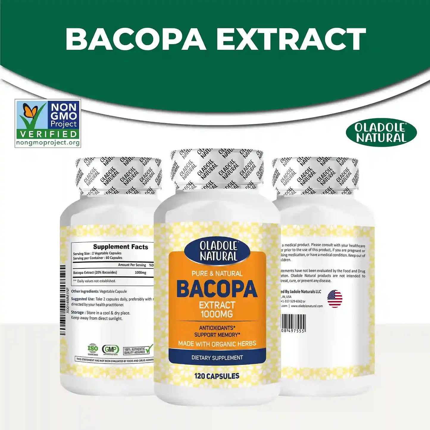 Oladole Natural Bacopa Premium Nootropic Monnieri 1000mg 120 Capsules