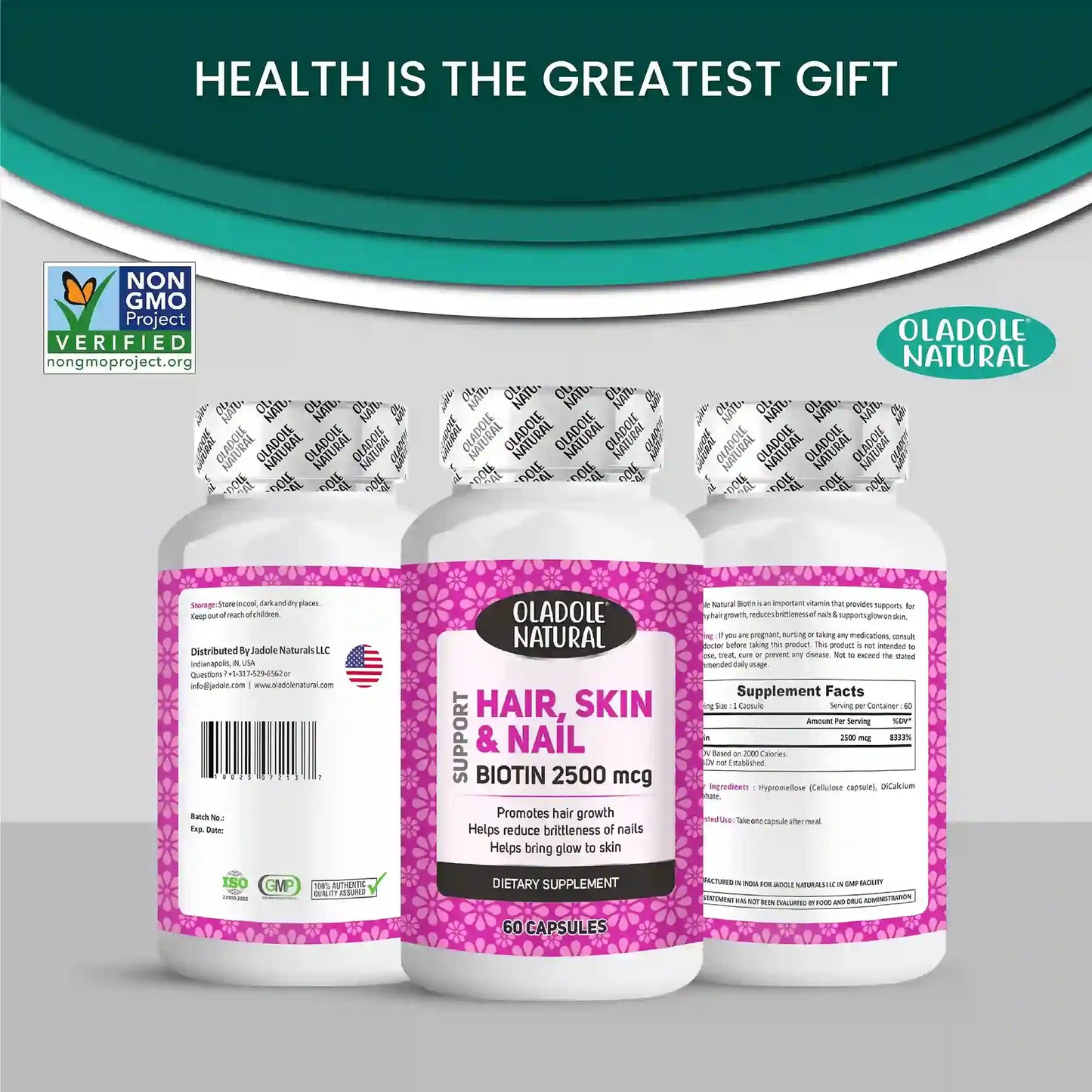 Oladole Natural Biotin Hair Skin & Nails 2500mcg 60 Capsule