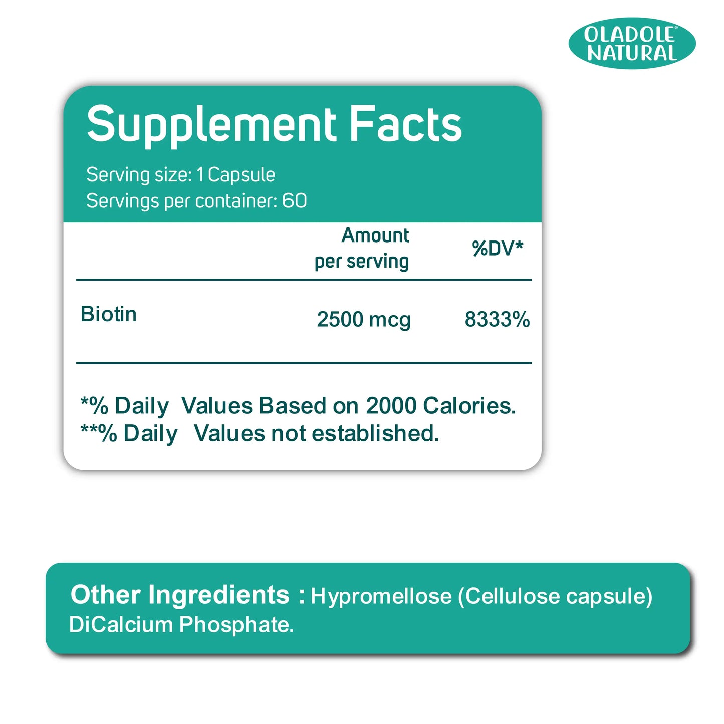 Oladole Natural Biotin Hair Skin & Nails 2500mcg 60 Capsule