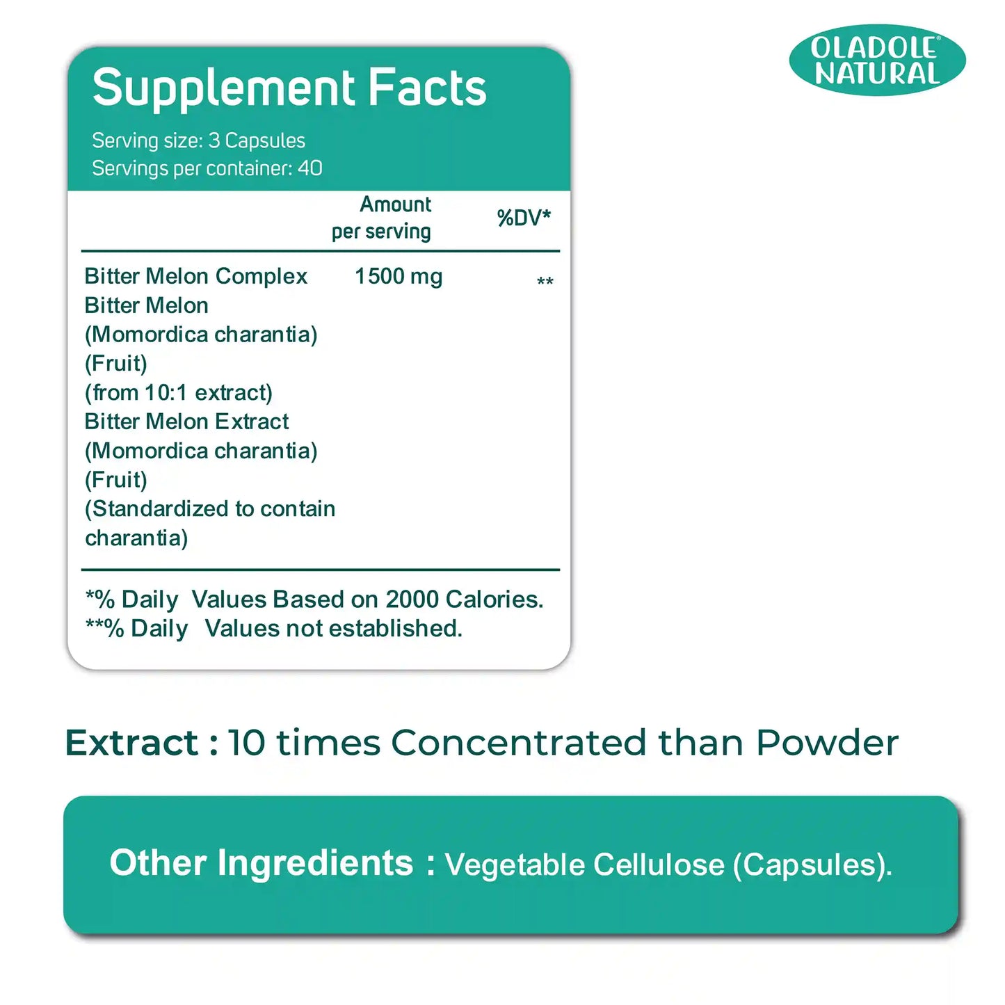 Oladole Natural Bitter Gourd Bitter Melon 1500mg 120 Veg Capsules