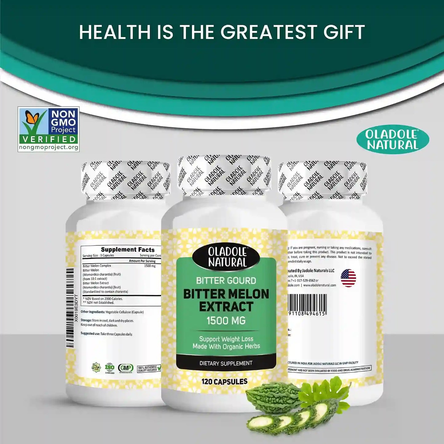 Oladole Natural Bitter Gourd Bitter Melon 1500mg 120 Veg Capsules