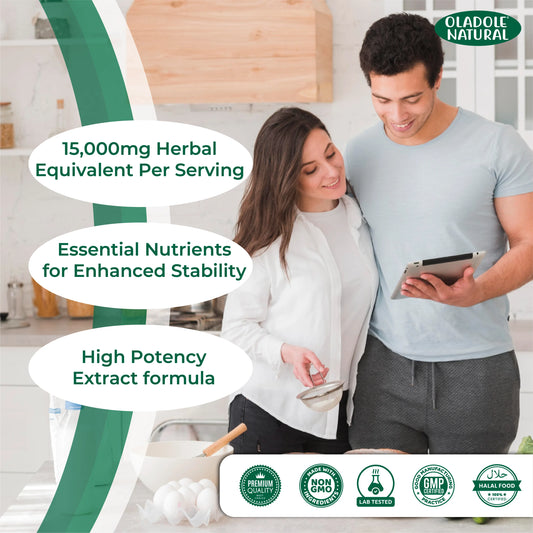 Couple in a kitchen with Oladole Natural product packaging and text about herbal supplement benefits.