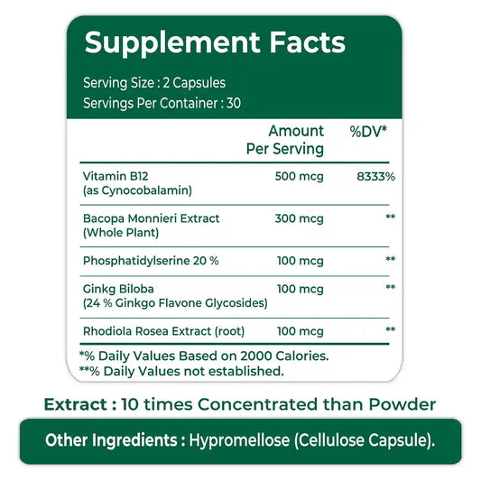 Oladole Natural Brain Booster Supplement With Vitamin B12 60 Capsules