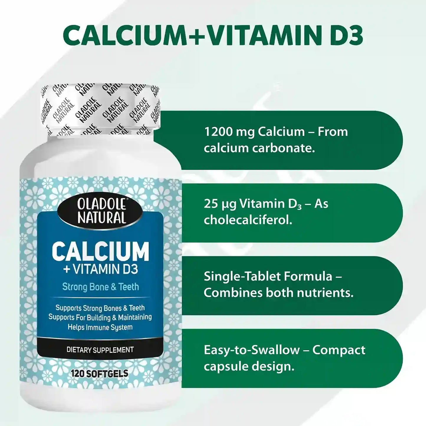 Oladole Natural Calcium + Vitamin D3 Supplement 120 Softgels