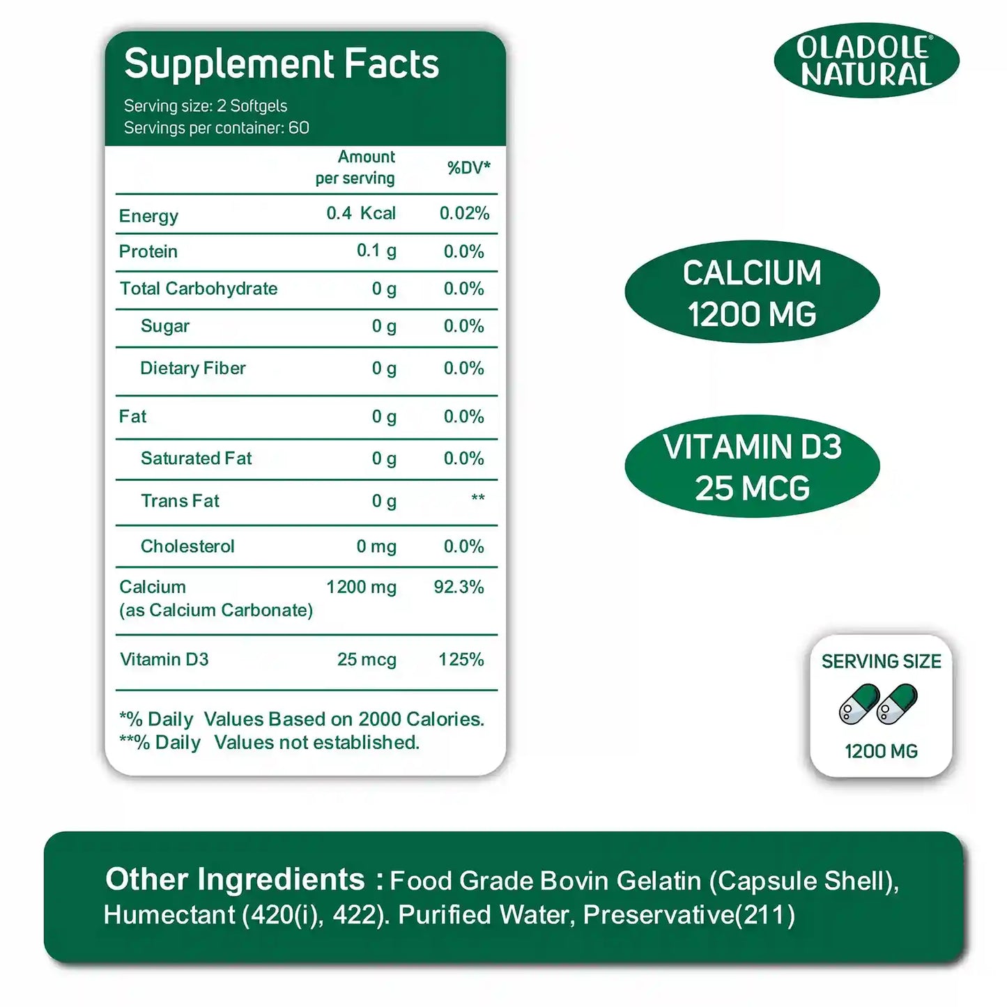 Oladole Natural Calcium + Vitamin D3 Supplement 120 Softgels