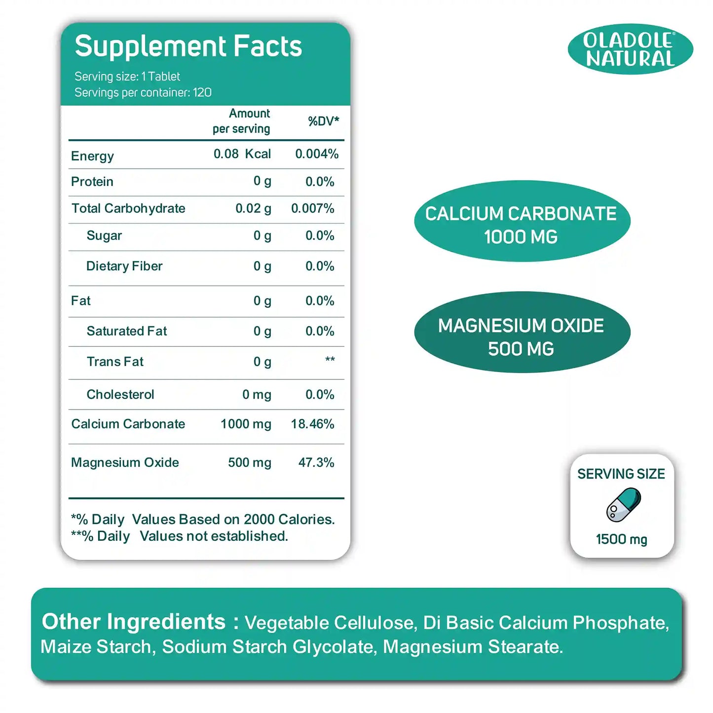 Oladole Natural Calcium & Magnesium Complex 1500Mg 120 Tablets