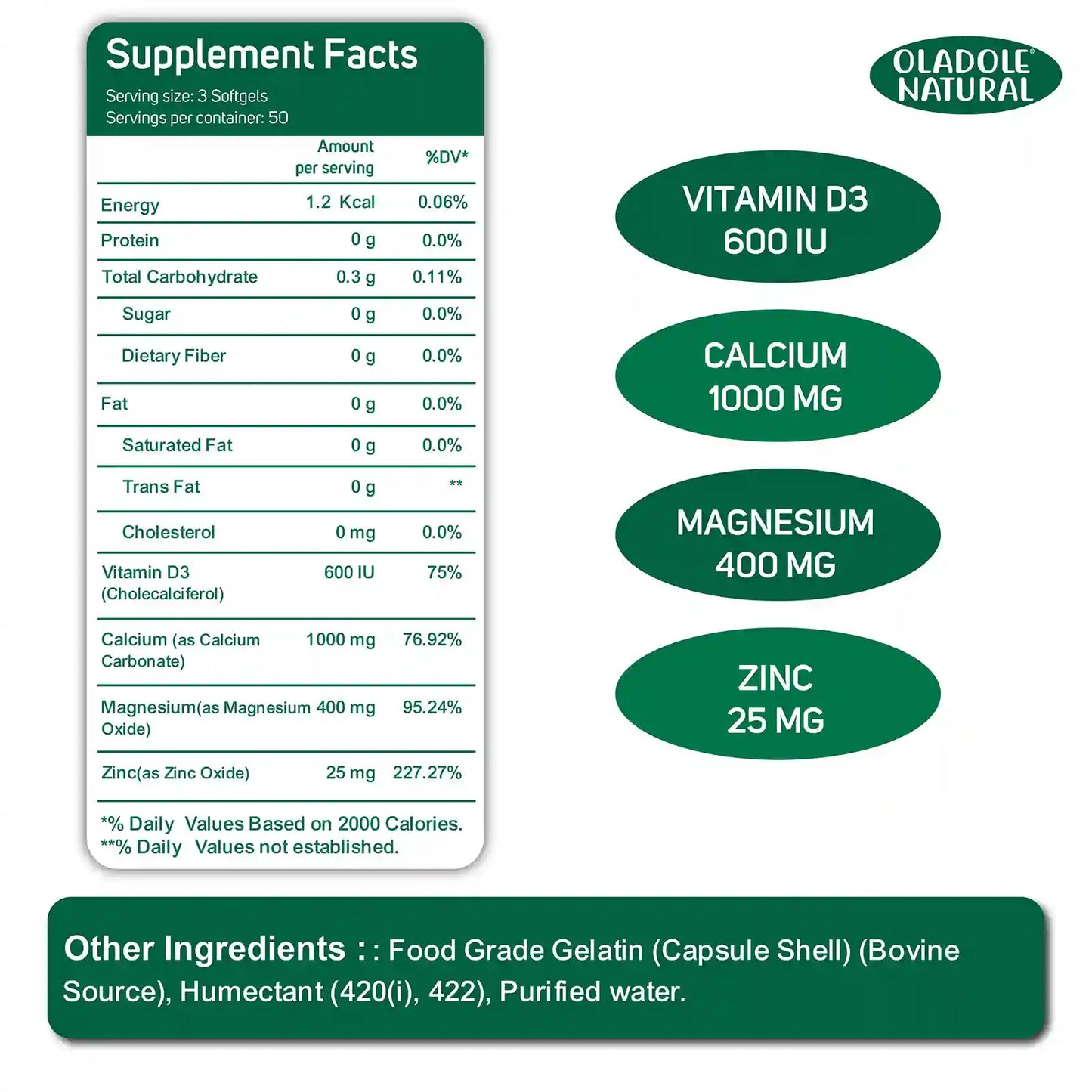 Oladole Natural Calcium, Magnesium, Zinc & Vitamin D Supplement 150 Softgels