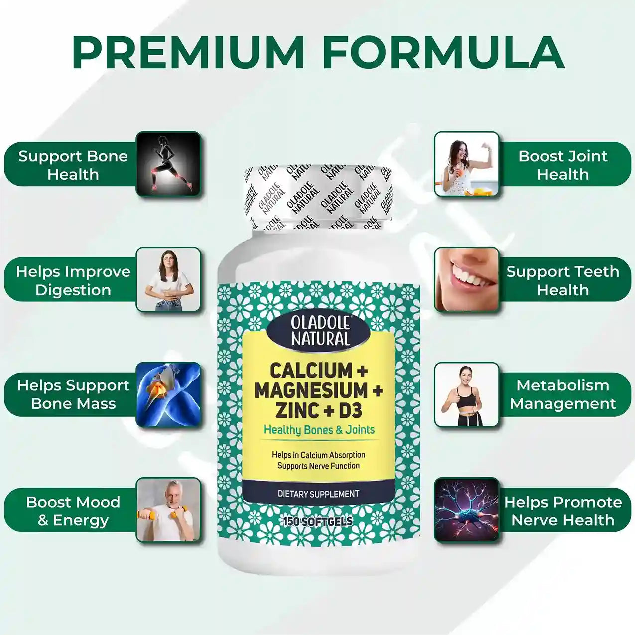 Oladole Natural Calcium, Magnesium, Zinc & Vitamin D Supplement 150 Softgels