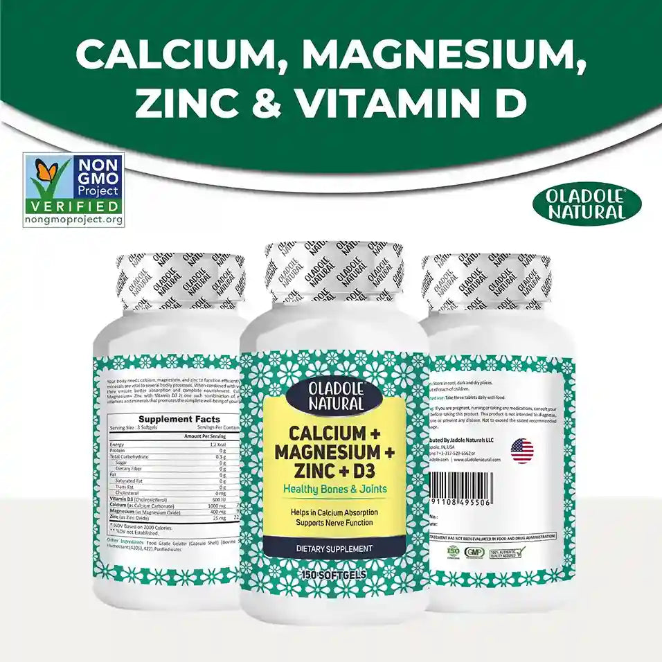 Oladole Natural Calcium, Magnesium, Zinc & Vitamin D Supplement 150 Softgels