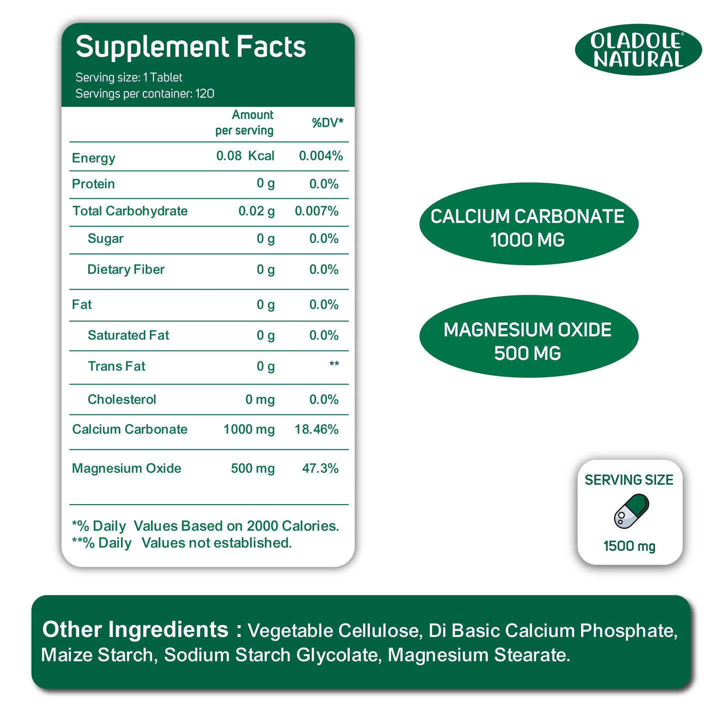 Oladole Natural Calcium & Magnesium Supplement Facts