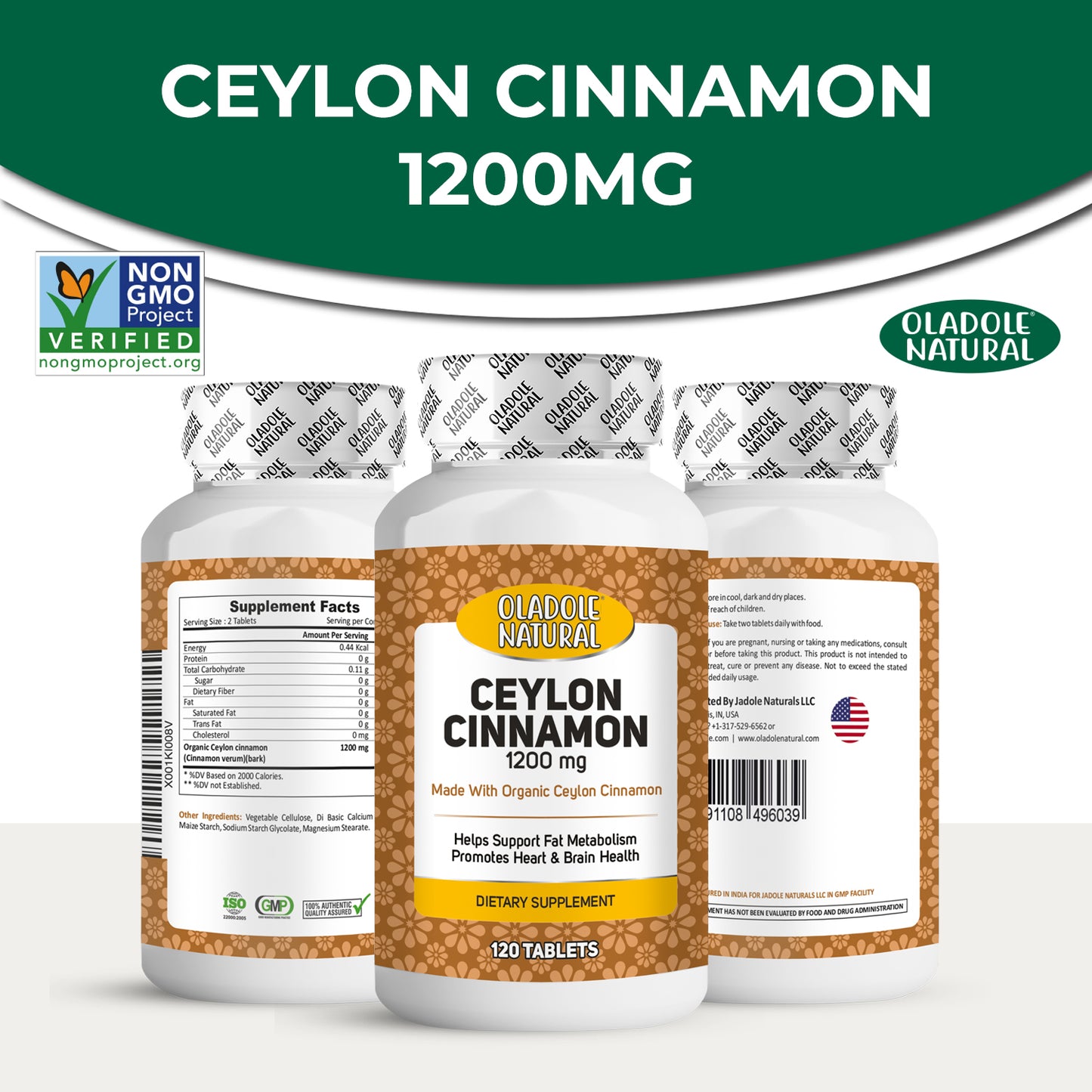 Oladole Natural Organic Ceylon Cinnamon 1200mg 120 Tablets