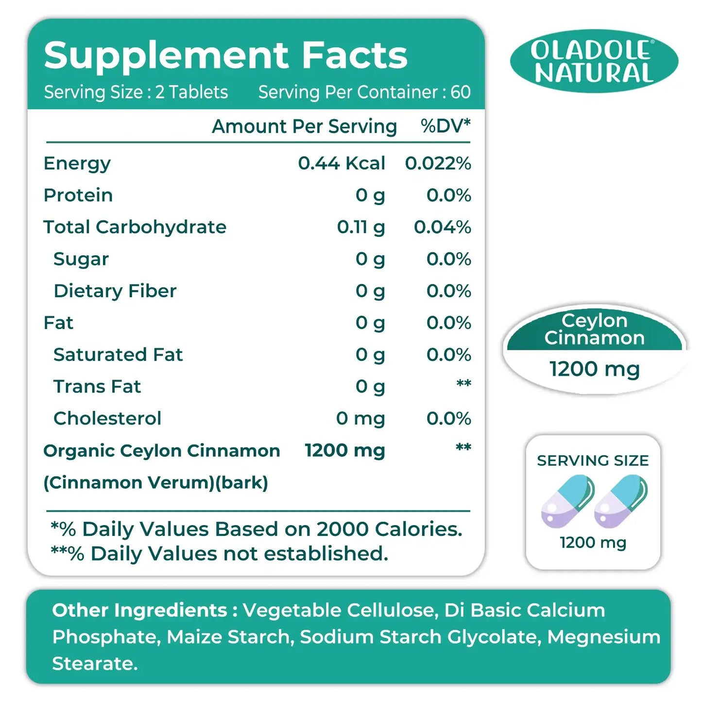 Oladole Natural Organic Ceylon Cinnamon 1200mg 120 Tablets