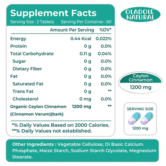 Oladole Natural Organic Ceylon Cinnamon 1200mg 120 Tablets