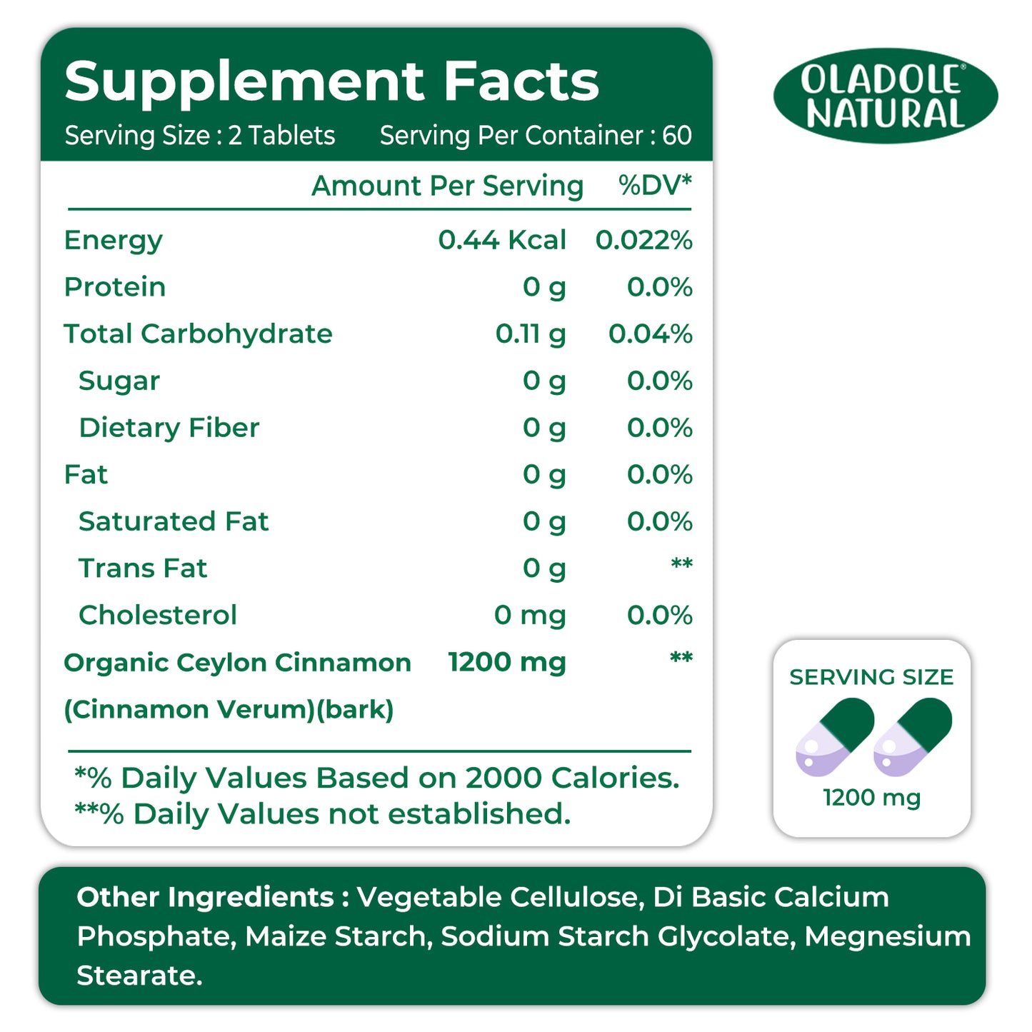 Oladole Natural Organic Ceylon Cinnamon 1200mg 120 Tablets