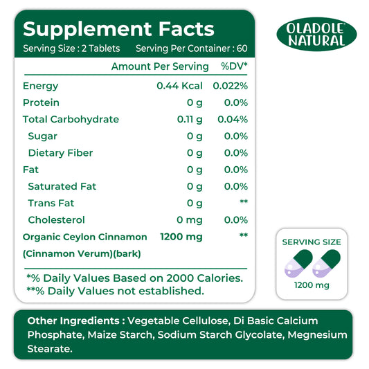 Oladole Natural Organic Ceylon Cinnamon 1200mg 120 Tablets