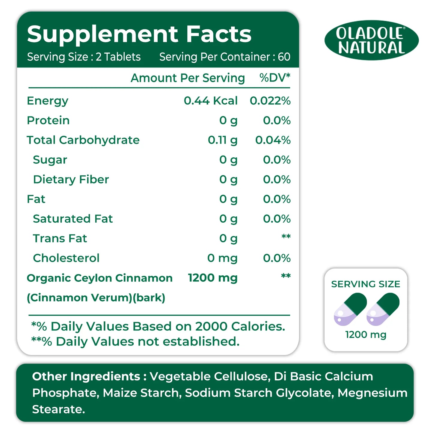 أولادول، أقراص قرفة سيلان عضوية طبيعية بتركيز 1200 ملجم 