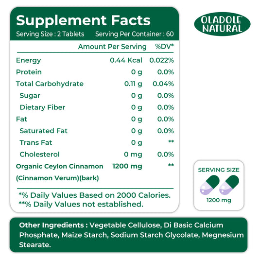 أولادول، أقراص قرفة سيلان عضوية طبيعية بتركيز 1200 ملجم 