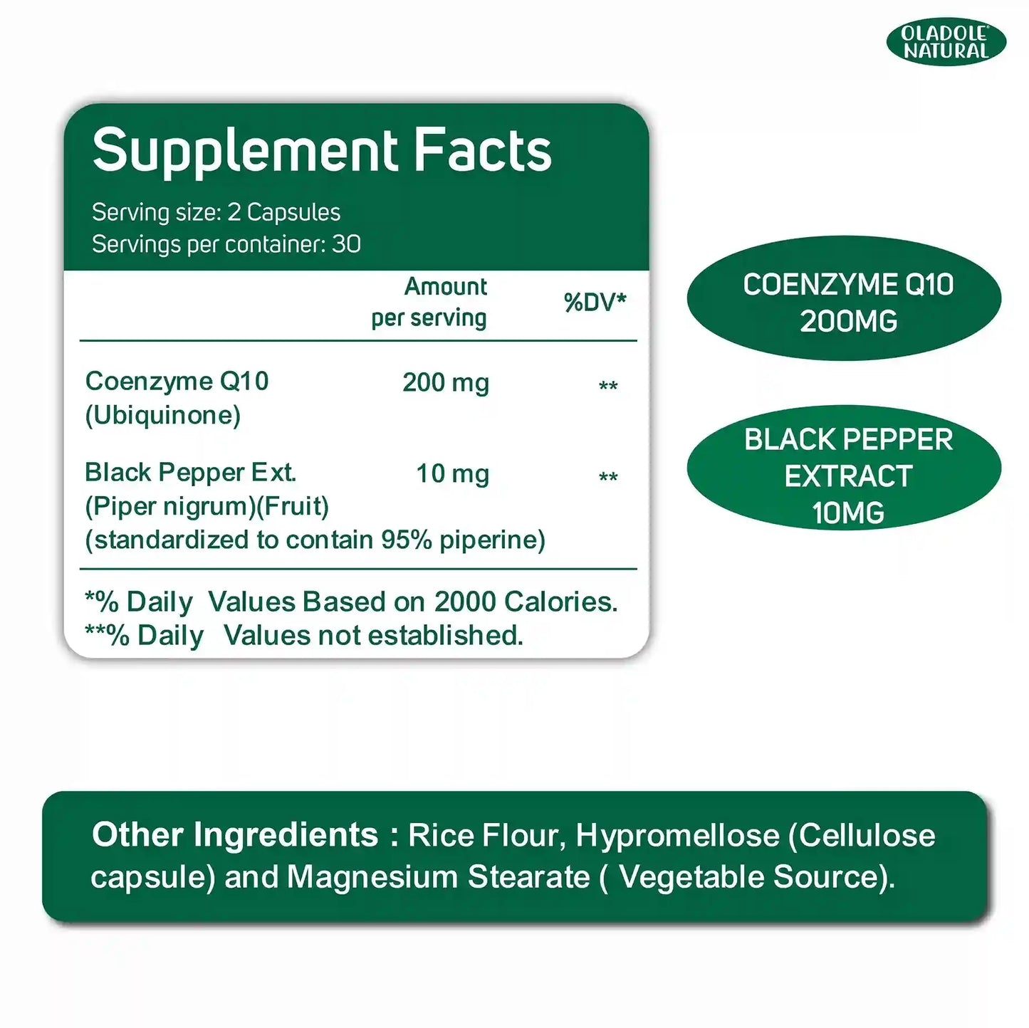Oladole Natural CoQ10 + 95% Piperine 200mg 60 Capsules