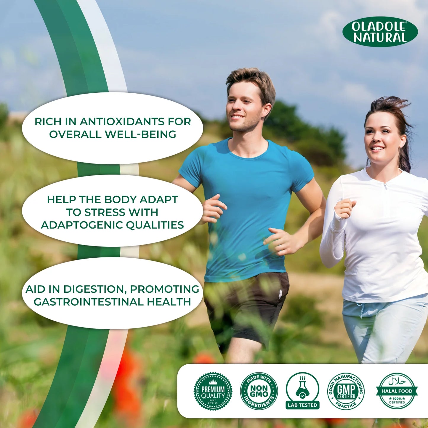 Two people running outdoors with Oladole Natural branding and health benefits text.