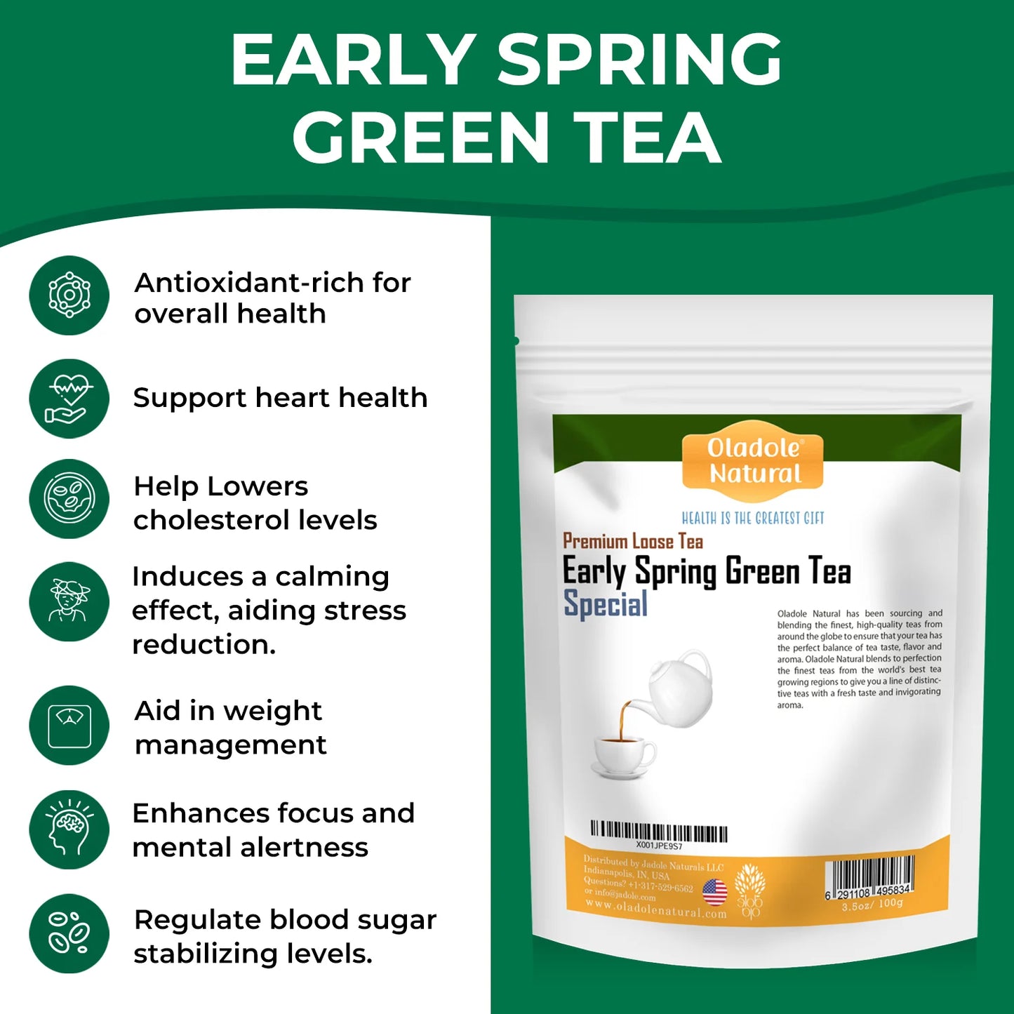 Oladote Natural Early Spring Green Tea package with health benefits listed on a green background