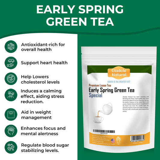 Oladote Natural Early Spring Green Tea package with health benefits listed on a green background