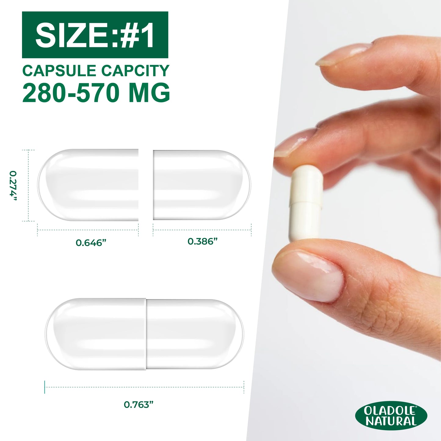 Capsule with dimensions and a hand holding it, Oladole Natural branding visible
